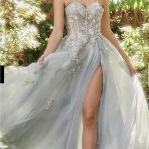 GB Dillards 359$ Sage Strapless Light Blue Floral Gown- boned corset sweetheart